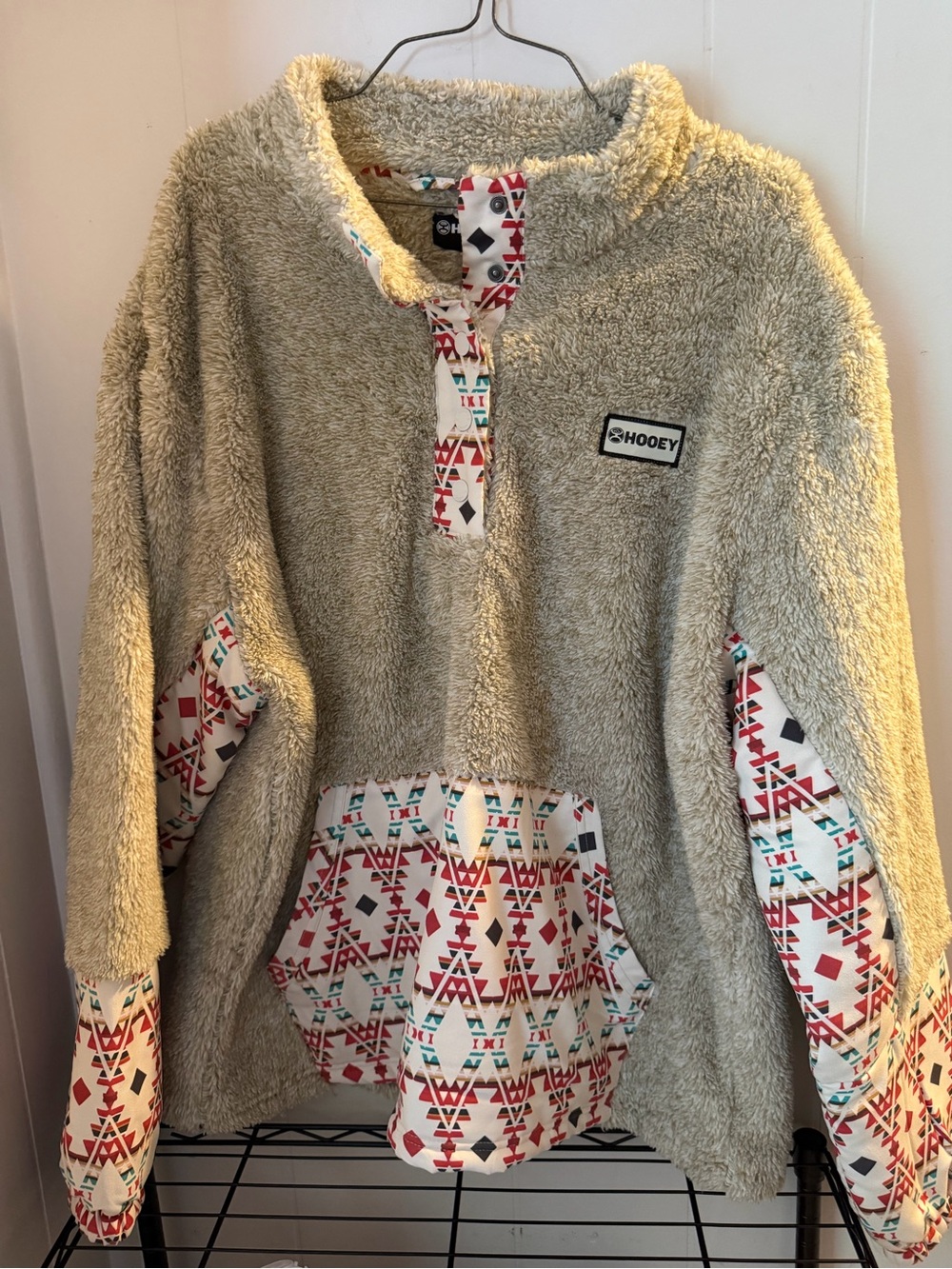 Hooey Cream Sherpa Pullover with Aztec Accent Trim